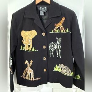 Black Embroidered Jacket w Safari Motifs Animal Print Africa 100% Cotton